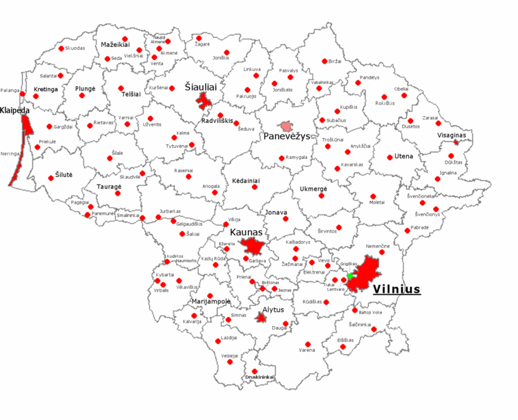 Mapa de las ciudades de Lituania